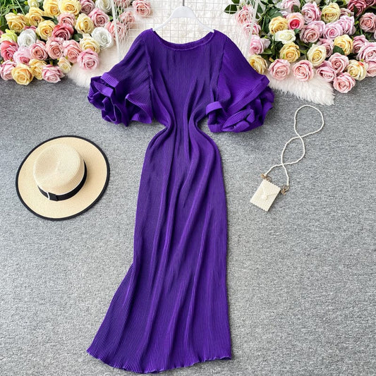 Spring Summer Elegant Free Size Solid Color Crew Neck Short Flare Sleeve Casual Dress Women Long Ruffle Dresses