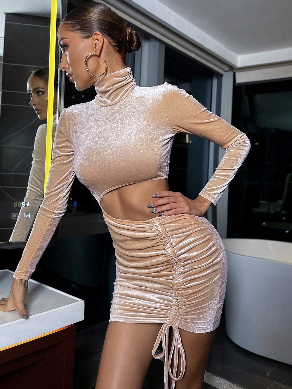 Spring/Summer New Arrivals Fashion  Casual Long sleeve Hollow Out Waist Drawstring Velvet Club Clothes For Women