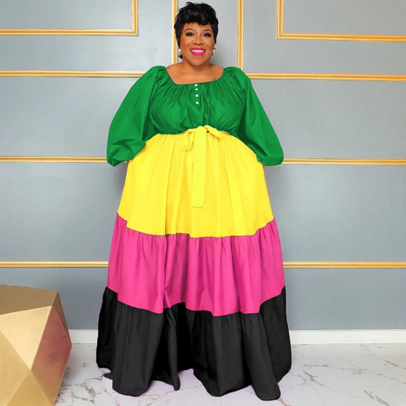 Spring/Summer New Fashion Color Matching Round Neck Long Sleeve Pleated Large Women's Fashion Loose Maxi Dress