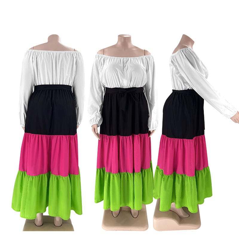 Spring/Summer New Fashion Color Matching Round Neck Long Sleeve Pleated Large Women's Fashion Loose Maxi Dress
