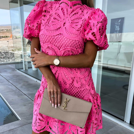 Spring Summer Women Casual Ladies Solid Color Lace Short Sleeve Hollow Out Dress long dresses women