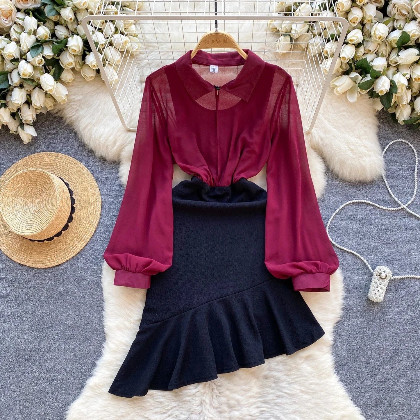 Spring Vintage Turn-down Collar Tunic Slim Hip Midi Dress For Women Long Sleeve Empire Lace Dresses Ladies Elegant Dresses