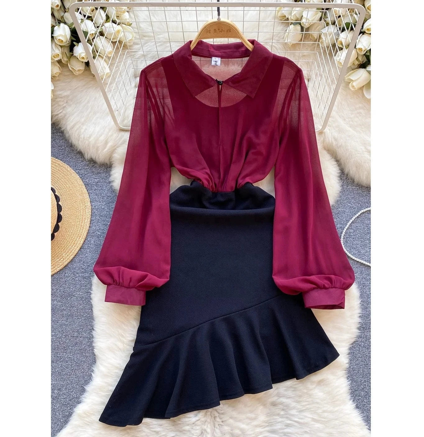 Spring Vintage Turn-down Collar Tunic Slim Hip Midi Dress For Women Long Sleeve Empire Lace Dresses Ladies Elegant Dresses