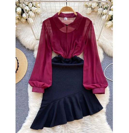 Spring Vintage Turn-down Collar Tunic Slim Hip Midi Dress For Women Long Sleeve Empire Lace Dresses Ladies Elegant Dresses