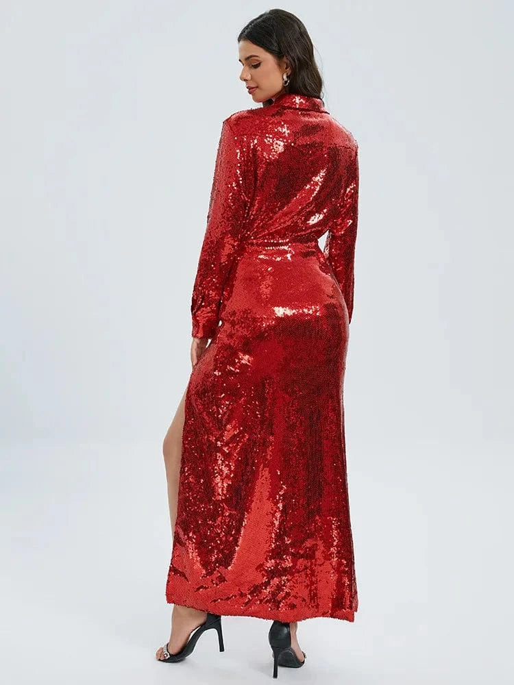 SR2289 New Arrivals Two Piece Skirt Set Long Sleeve Two Pieces Sexy Set Sequin Luxury Clothes With High Slit