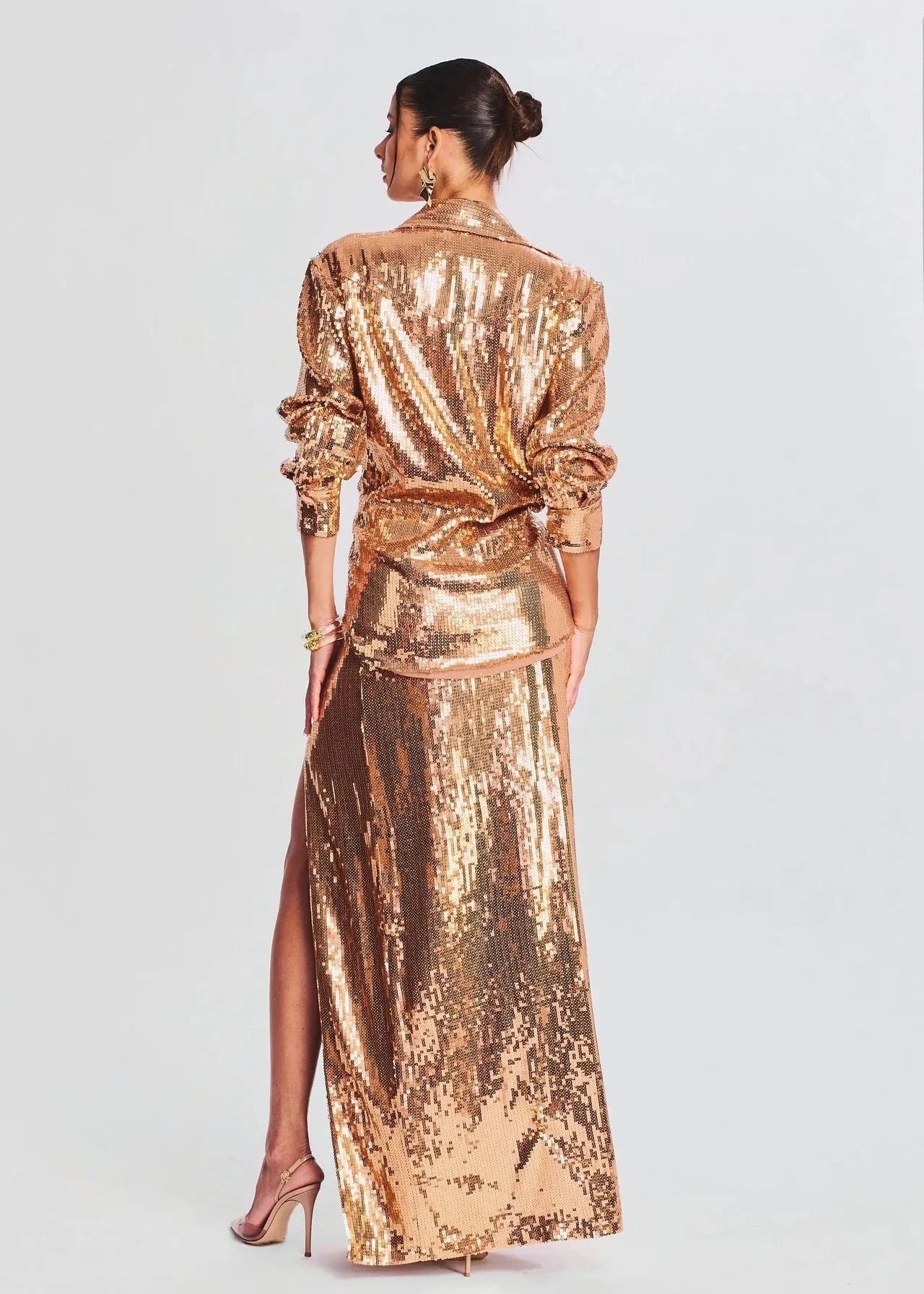SR2289 New Arrivals Two Piece Skirt Set Long Sleeve Two Pieces Sexy Set Sequin Luxury Clothes With High Slit