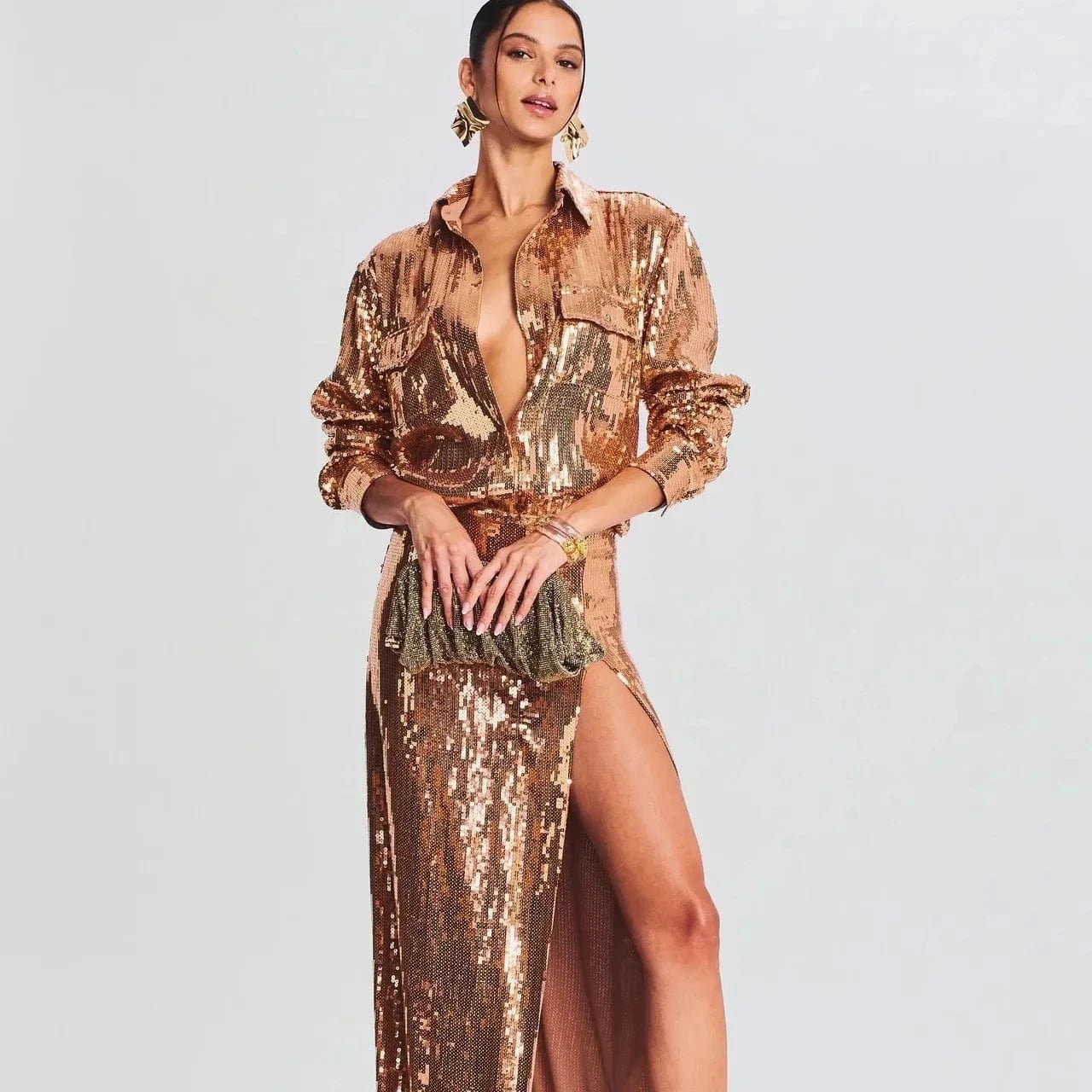 SR2289 New Arrivals Two Piece Skirt Set Long Sleeve Two Pieces Sexy Set Sequin Luxury Clothes With High Slit