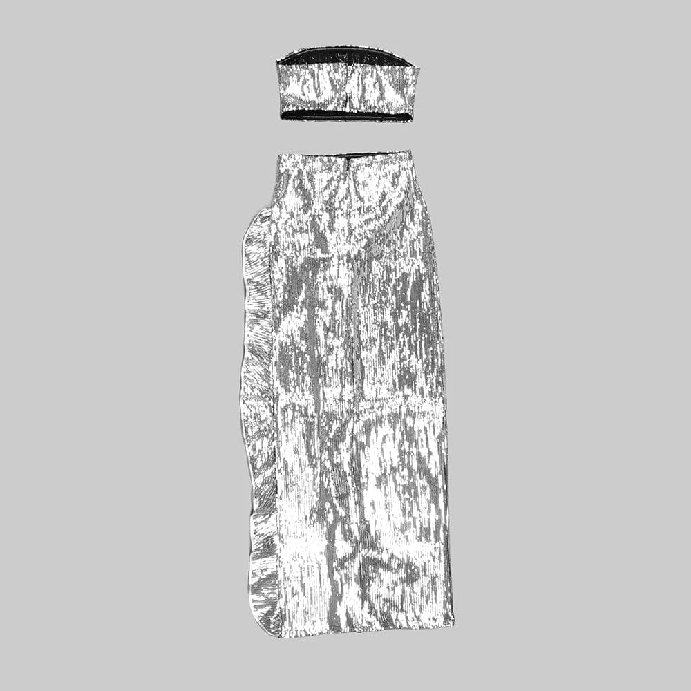 SS2253 Two Piece Skirt Set Women Clothing Off Shoulder Sexy Party Trend Set Silver Sequin Clothes With High Slit