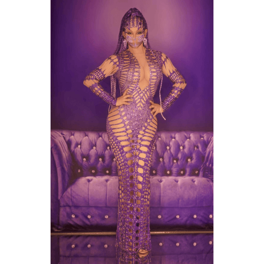 Stage Performance Concert Exaggerated Design Purple Maxi Dress Rhinestone Sparkly Hollow V Neck Party Sexy Dresses Night Club