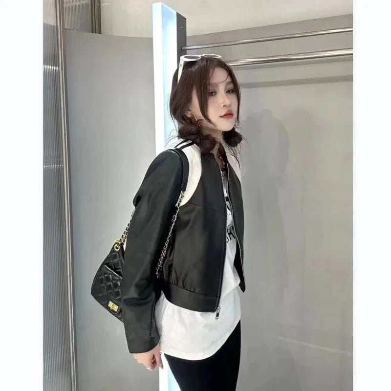 Stand Collar Black And White Stitching Baseball Uniform Sheepskin Genuine Leather Clothes Leather Jacket Short Coat For Women