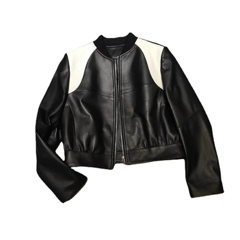 Stand Collar Black And White Stitching Baseball Uniform Sheepskin Genuine Leather Clothes Leather Jacket Short Coat For Women