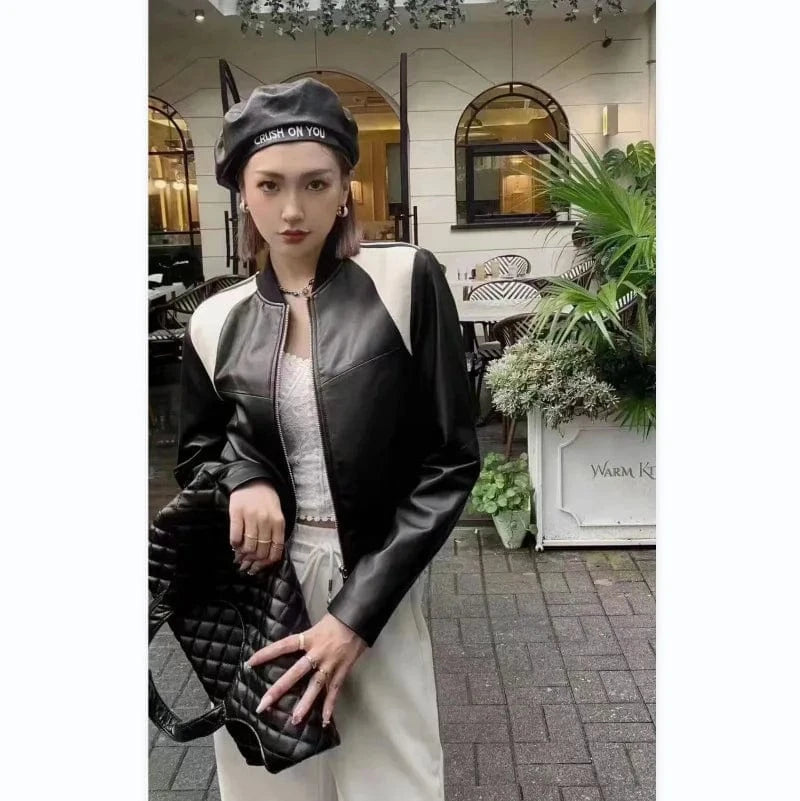 Stand Collar Black And White Stitching Baseball Uniform Sheepskin Genuine Leather Clothes Leather Jacket Short Coat For Women