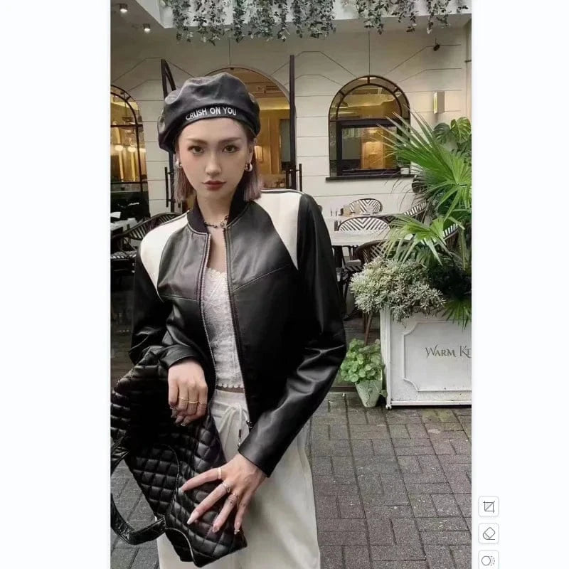 Stand Collar Black And White Stitching Baseball Uniform Sheepskin Genuine Leather Clothes Leather Jacket Short Coat For Women