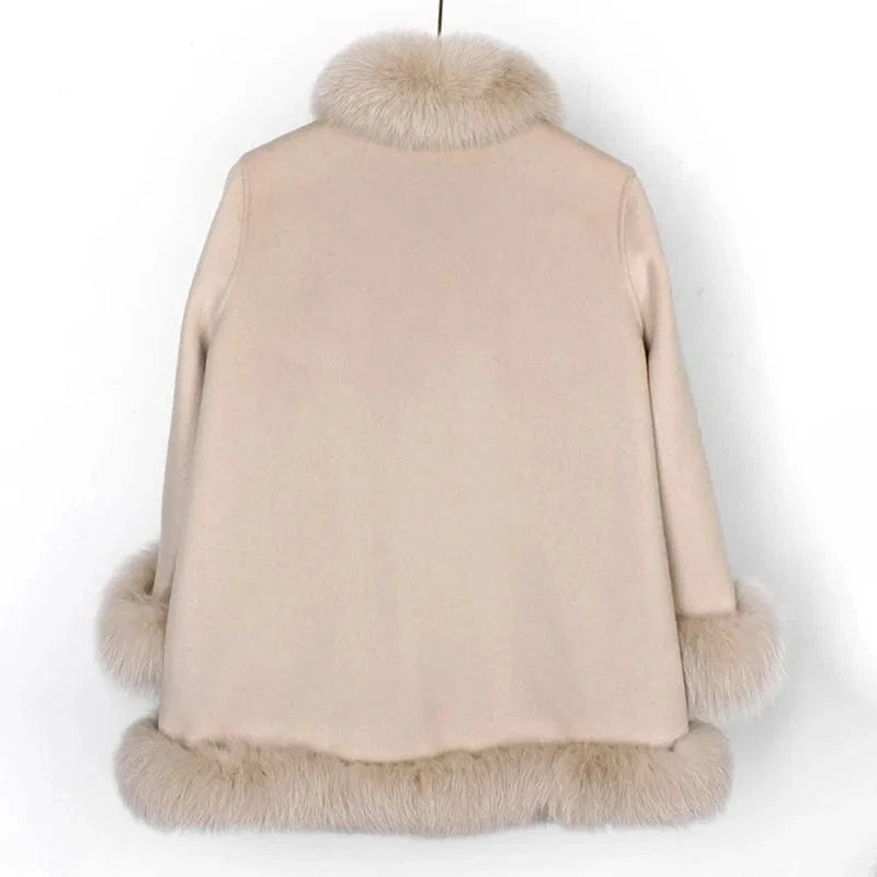 Stand Collar Wool Coat Women Winter Solid Color Elegant Cashmere Coat With Fox Fur