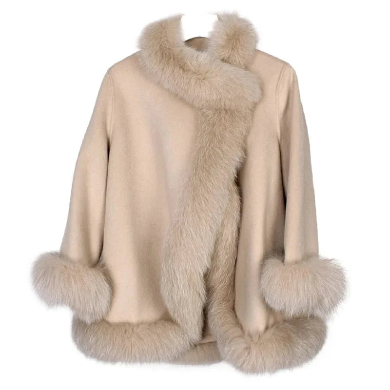 Stand Collar Wool Coat Women Winter Solid Color Elegant Cashmere Coat With Fox Fur