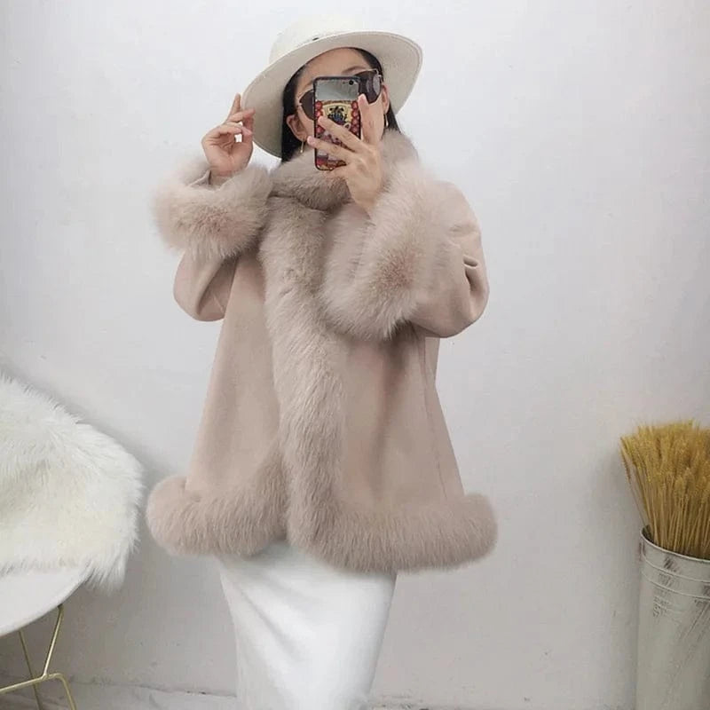Stand Collar Wool Coat Women Winter Solid Color Elegant Cashmere Coat With Fox Fur