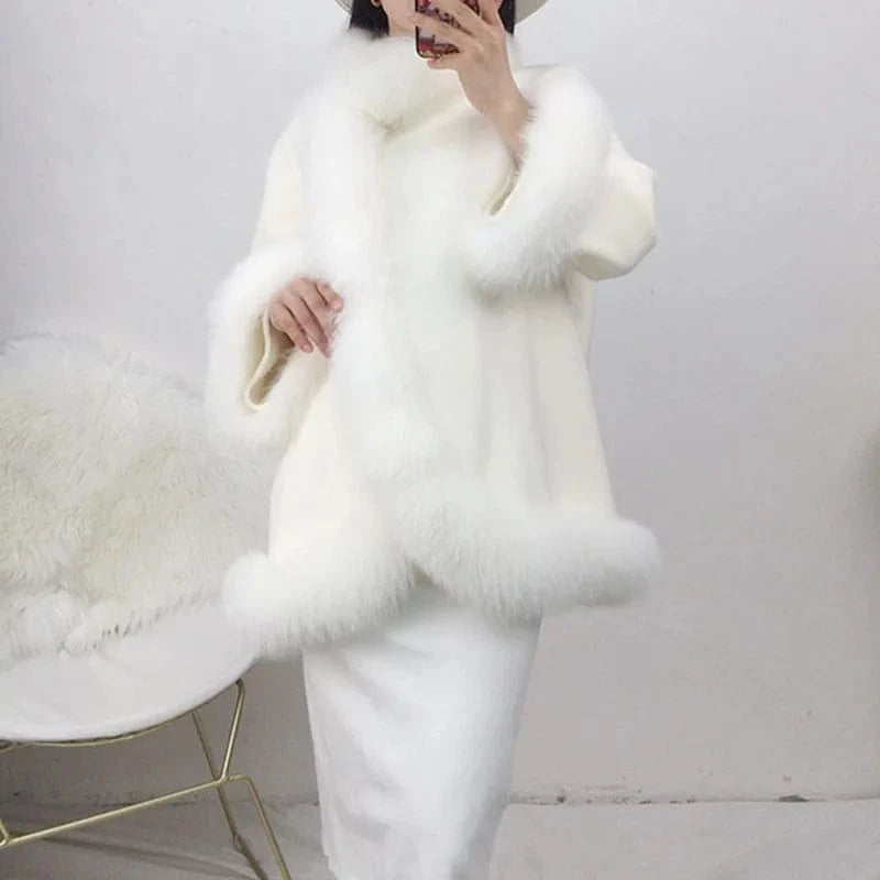 Stand Collar Wool Coat Women Winter Solid Color Elegant Cashmere Coat With Fox Fur