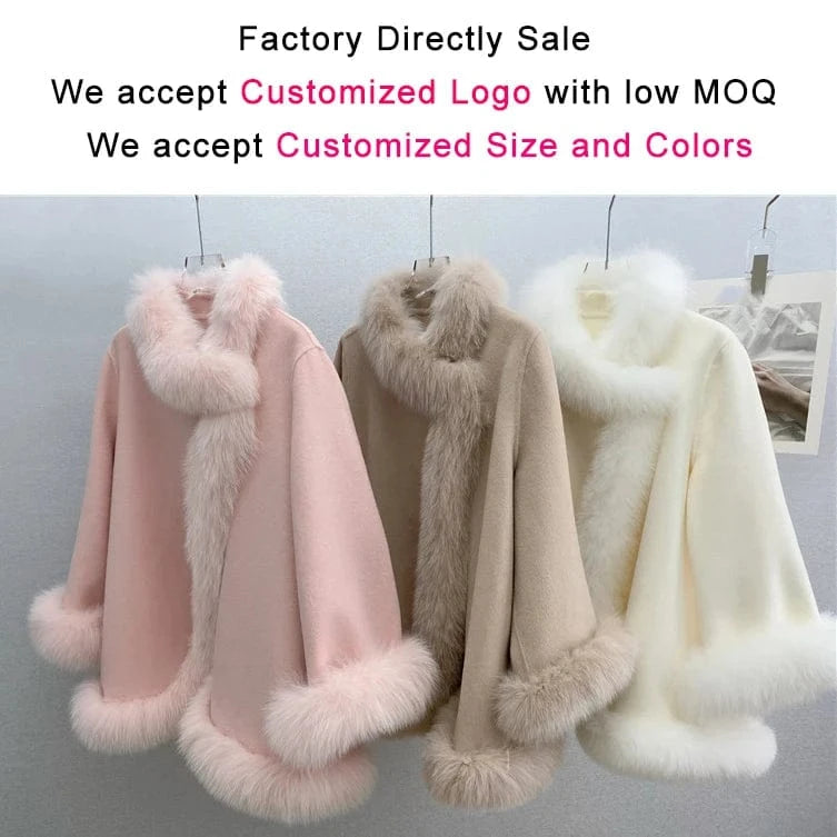 Stand Collar Wool Coat Women Winter Solid Color Elegant Cashmere Coat With Fox Fur