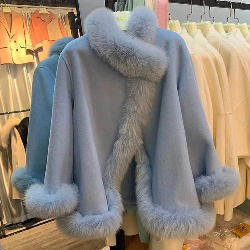 Stand Collar Wool Coat Women Winter Solid Color Elegant Cashmere Coat With Fox Fur