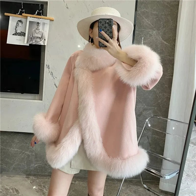 Stand Collar Wool Coat Women Winter Solid Color Elegant Cashmere Coat With Fox Fur