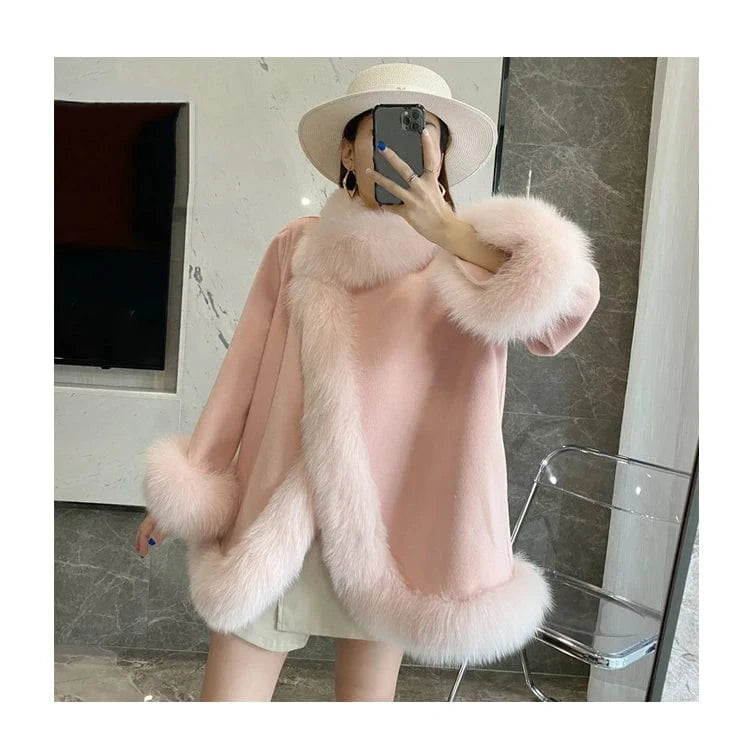 Stand Collar Wool Coat Women Winter Solid Color Elegant Cashmere Coat With Fox Fur