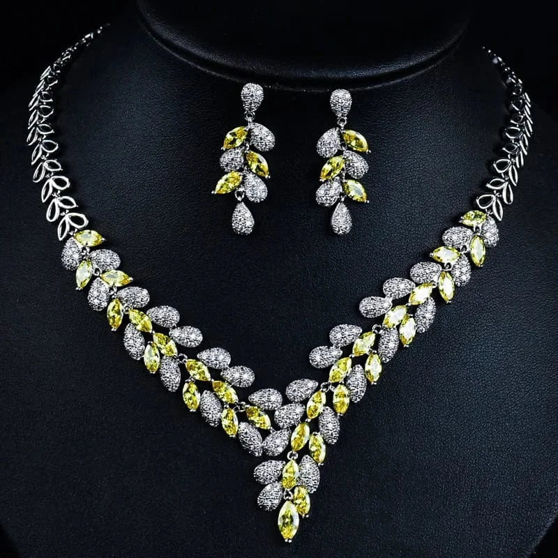 Statement Zircon Jewelry Set Tree Leaf Pendant Necklace Silver Needle Stud Earring Women Fashion Bridal Wedding Jewelry Set