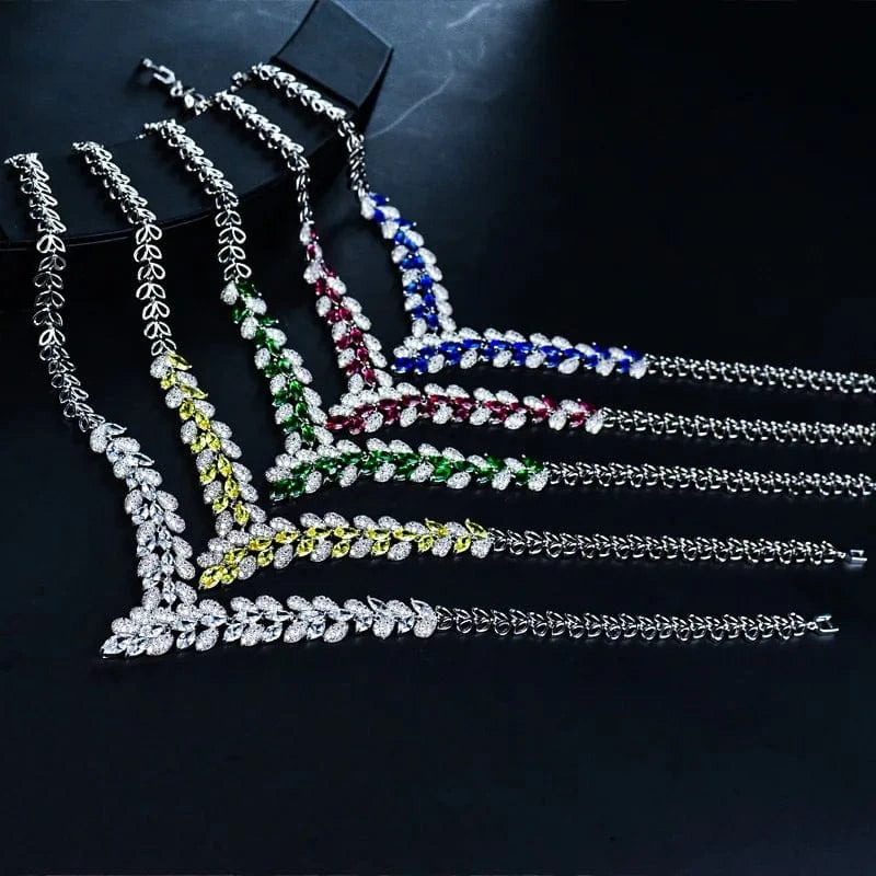 Statement Zircon Jewelry Set Tree Leaf Pendant Necklace Silver Needle Stud Earring Women Fashion Bridal Wedding Jewelry Set