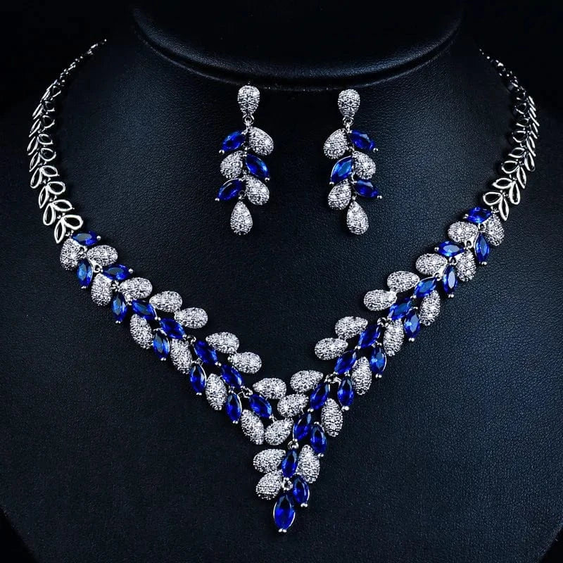 Statement Zircon Jewelry Set Tree Leaf Pendant Necklace Silver Needle Stud Earring Women Fashion Bridal Wedding Jewelry Set