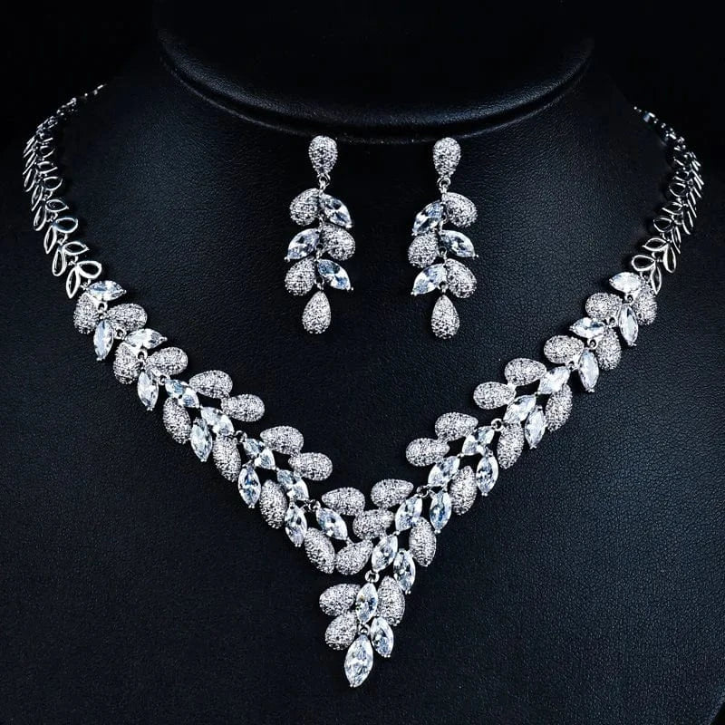 Statement Zircon Jewelry Set Tree Leaf Pendant Necklace Silver Needle Stud Earring Women Fashion Bridal Wedding Jewelry Set