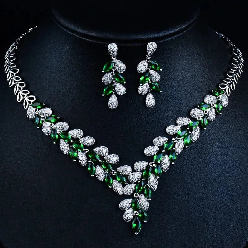 Statement Zircon Jewelry Set Tree Leaf Pendant Necklace Silver Needle Stud Earring Women Fashion Bridal Wedding Jewelry Set