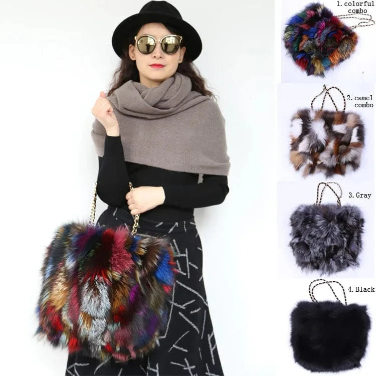 Stocking Bag Small Fluffy Skull Charm Silver Shoulder Shopping Real Fur Handbag