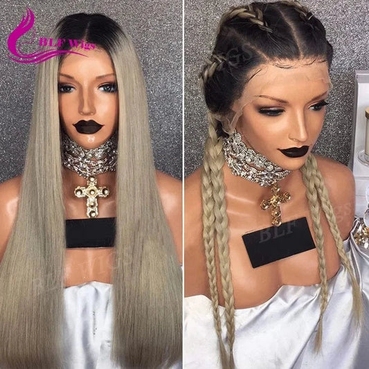Straight Hair Full Lace Wigs Ombre Ash Blond Remy Brazilian Human Hair Wig Lace Front Box Braid Wig