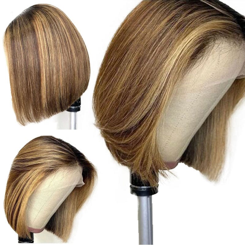 Straight Short Human Hair Wigs Mixed Color Brazilian Bob T Part Lace Front Wigs For Women