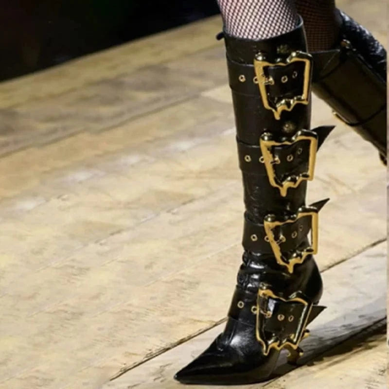 Strange Custom Heels Gold Metal Buckles Women Knee High Boots Side Zipper Stage High Heels Shoes Dress Black Short Booties