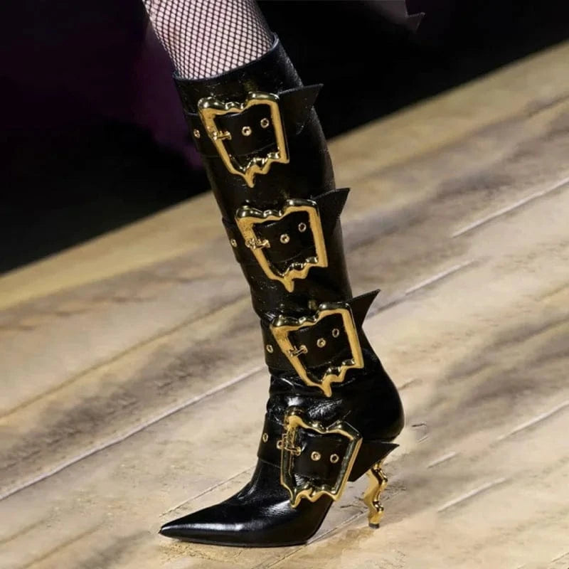 Strange Custom Heels Gold Metal Buckles Women Knee High Boots Side Zipper Stage High Heels Shoes Dress Black Short Booties