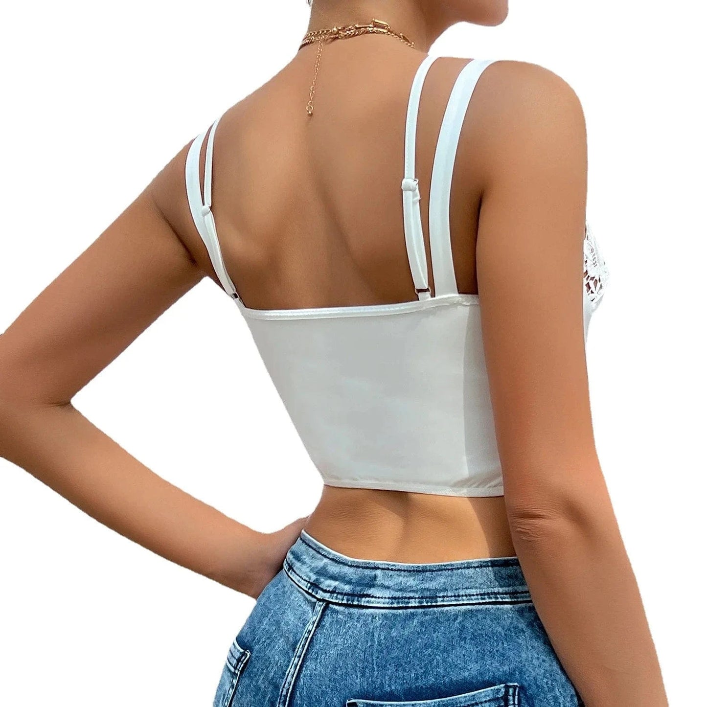 Straps Floral Lace Cut-Out Front Closure Crop Top Strap Corset Tanks Bodycon Fishbone Push Up Camisole