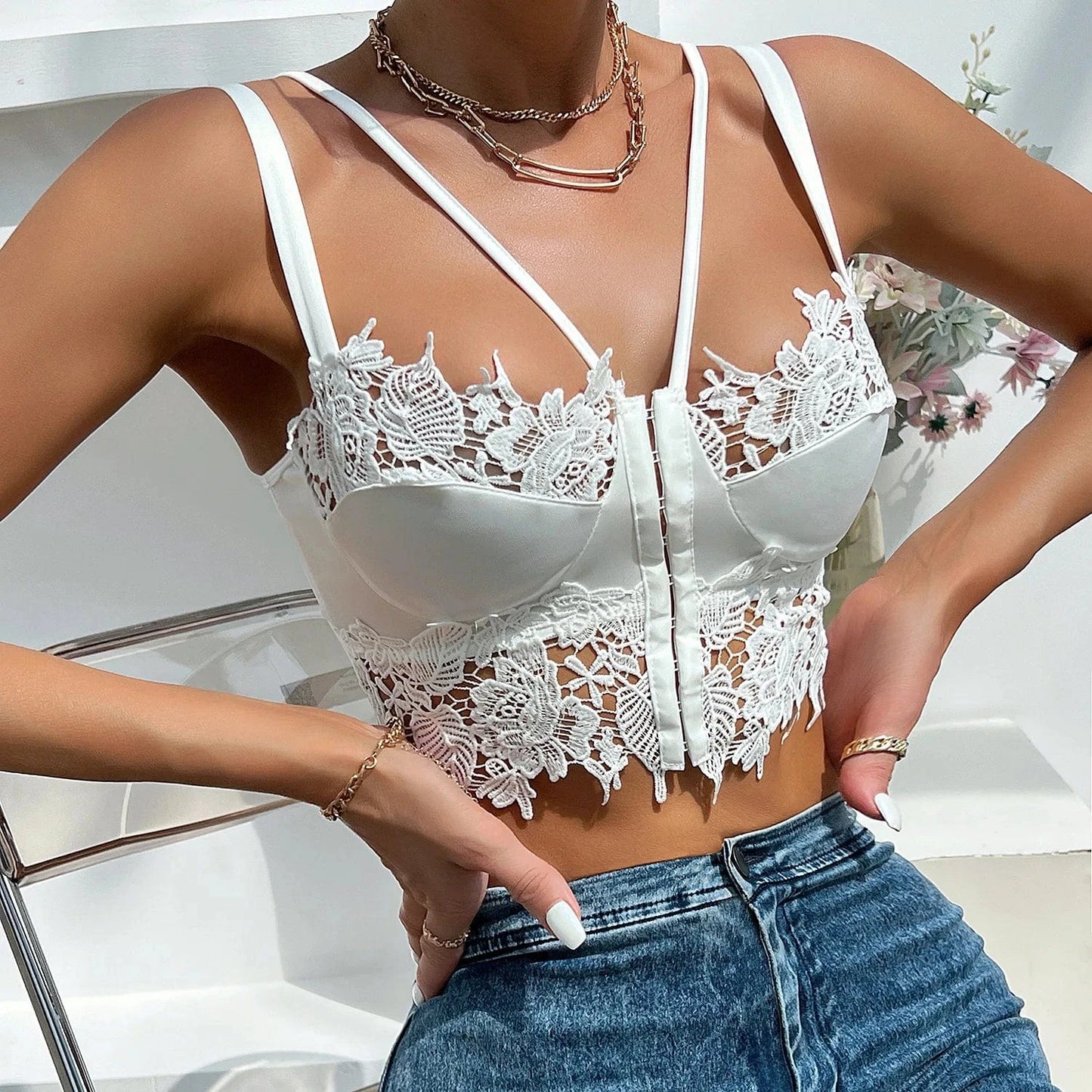 Straps Floral Lace Cut-Out Front Closure Crop Top Strap Corset Tanks Bodycon Fishbone Push Up Camisole