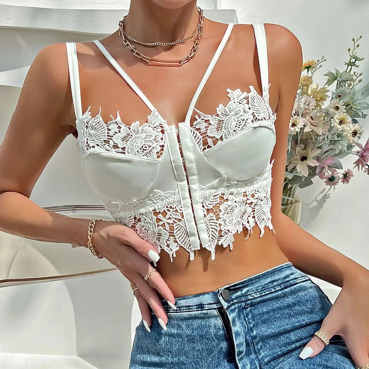 Straps Floral Lace Cut-Out Front Closure Crop Top Strap Corset Tanks Bodycon Fishbone Push Up Camisole