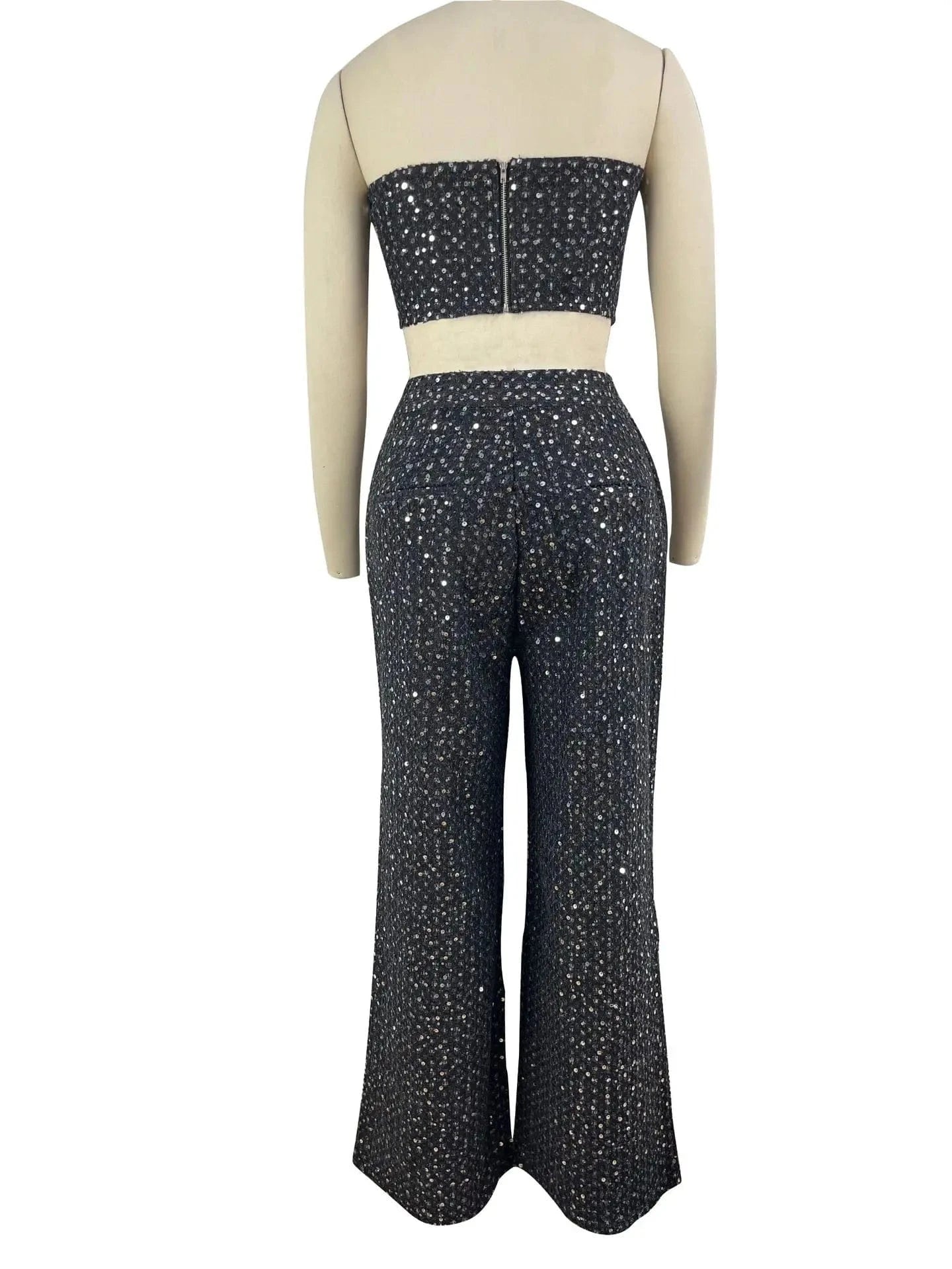 Street wear casual party 2 two piece jean sets for ladies women sequin tube crop top wide leg pant denim jean set