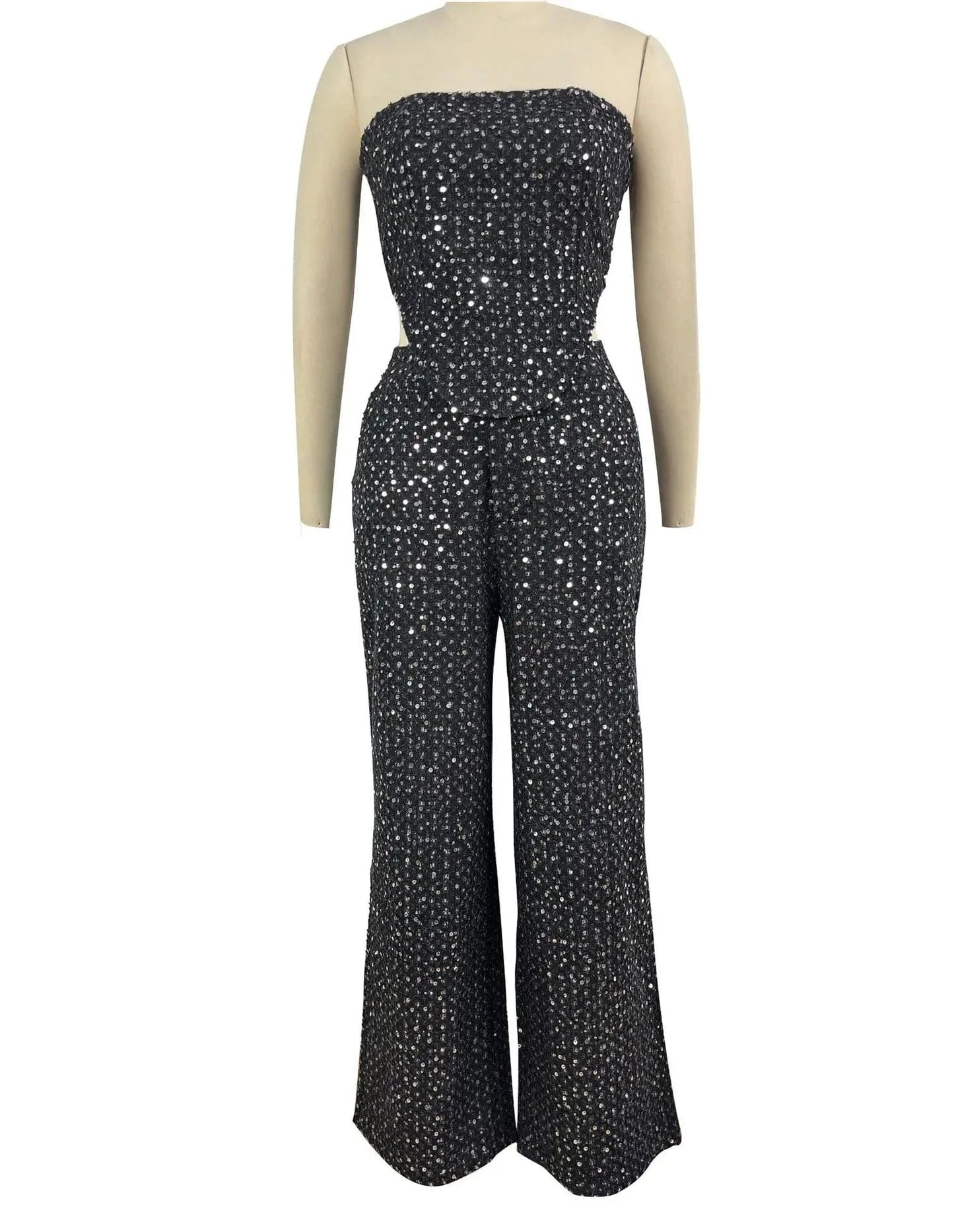 Street wear casual party 2 two piece jean sets for ladies women sequin tube crop top wide leg pant denim jean set