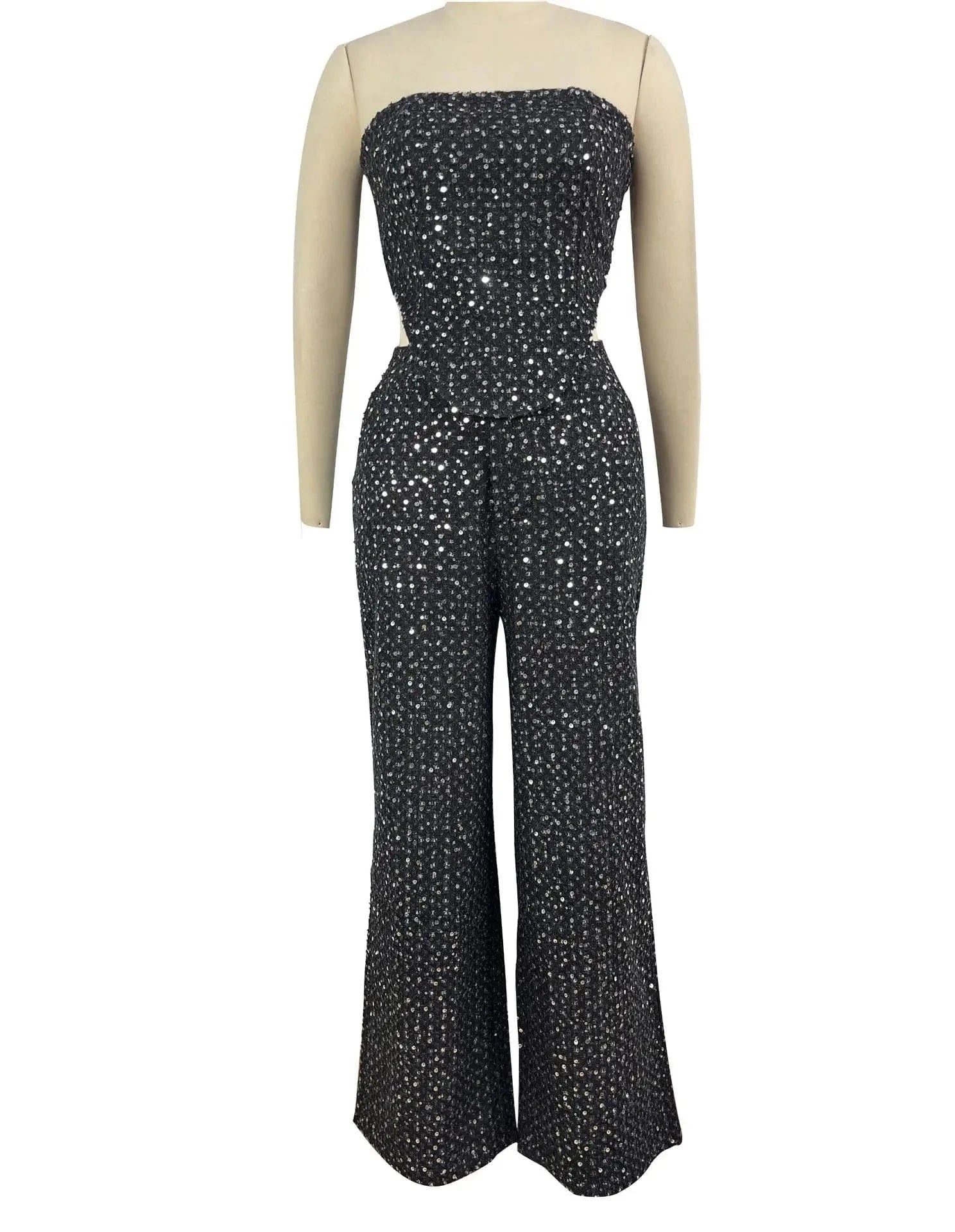 Street wear casual party 2 two piece jean sets for ladies women sequin tube crop top wide leg pant denim jean set