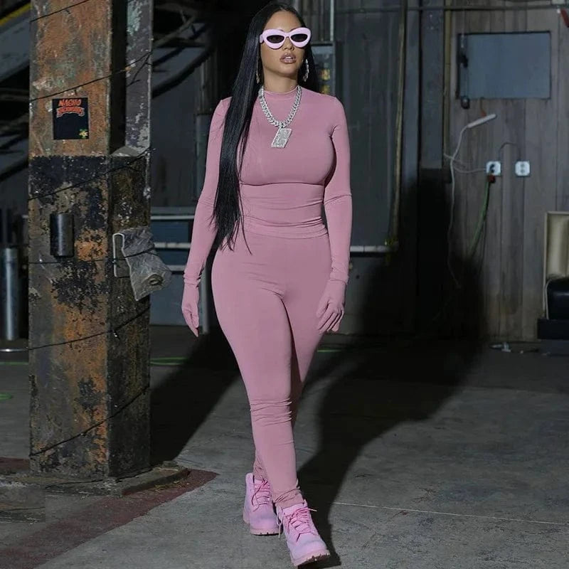 Streetwear Fashion Fall Winter Spring Casual Plain Lady Bodycon Long Sleeve Top 2 Two Piece Pants Set Women's Sets