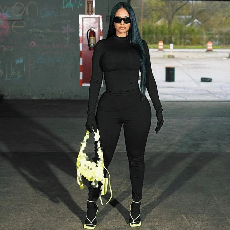 Streetwear Fashion Fall Winter Spring Casual Plain Lady Bodycon Long Sleeve Top 2 Two Piece Pants Set Women's Sets