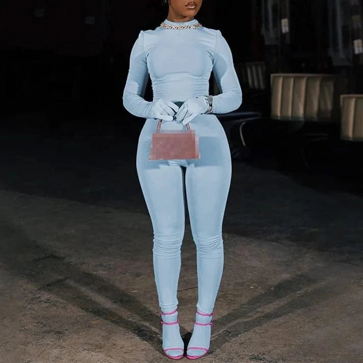 Streetwear Fashion Fall Winter Spring Casual Plain Lady Bodycon Long Sleeve Top 2 Two Piece Pants Set Women's Sets