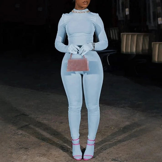 Streetwear Fashion Fall Winter Spring Casual Plain Lady Bodycon Long Sleeve Top 2 Two Piece Pants Set Women's Sets
