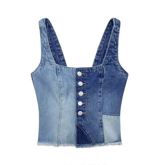Streetwear Fashion Unique Summer Simple Color Blocking Sexy Button Style Short Corset Denim Jeans Clothes Vest Women's Tank Top