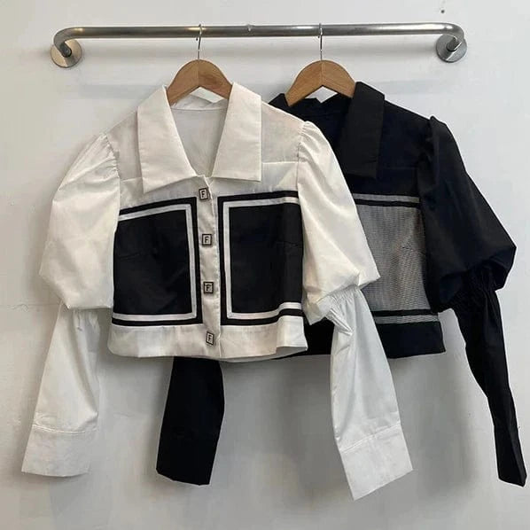 Streetwear fashion women blouses elegant tops ladies patchwork long puff sleeve women's blouses & shirts