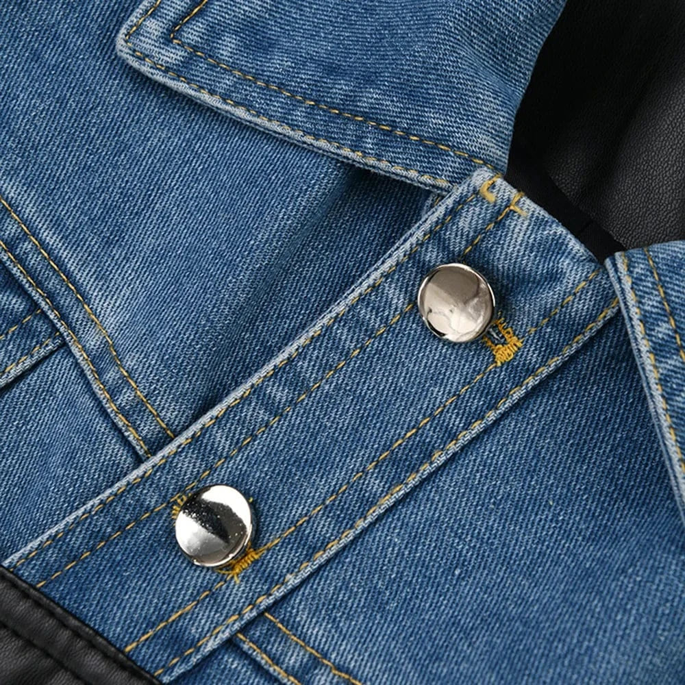 Streetwear Lady Patchwork Motorcycle Denim PU Leather Jacket Wide Leg Pants Matching 2 Two Piece Women's Sets