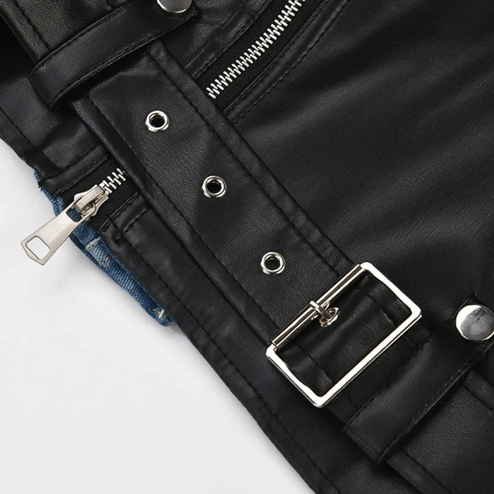 Streetwear Lady Patchwork Motorcycle Denim PU Leather Jacket Wide Leg Pants Matching 2 Two Piece Women's Sets