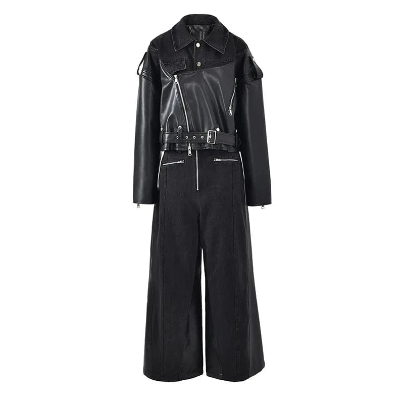 Streetwear Lady Patchwork Motorcycle Denim PU Leather Jacket Wide Leg Pants Matching 2 Two Piece Women's Sets